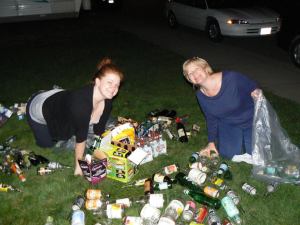 Angie's daughter and I sorting bottles